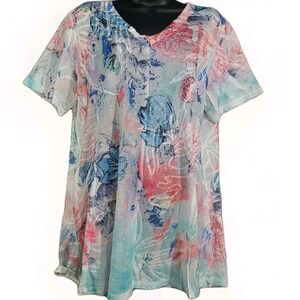 Cativa Textured Artsy Tunic Top Size Large V-Neck Abstract Floral Semi Sheer